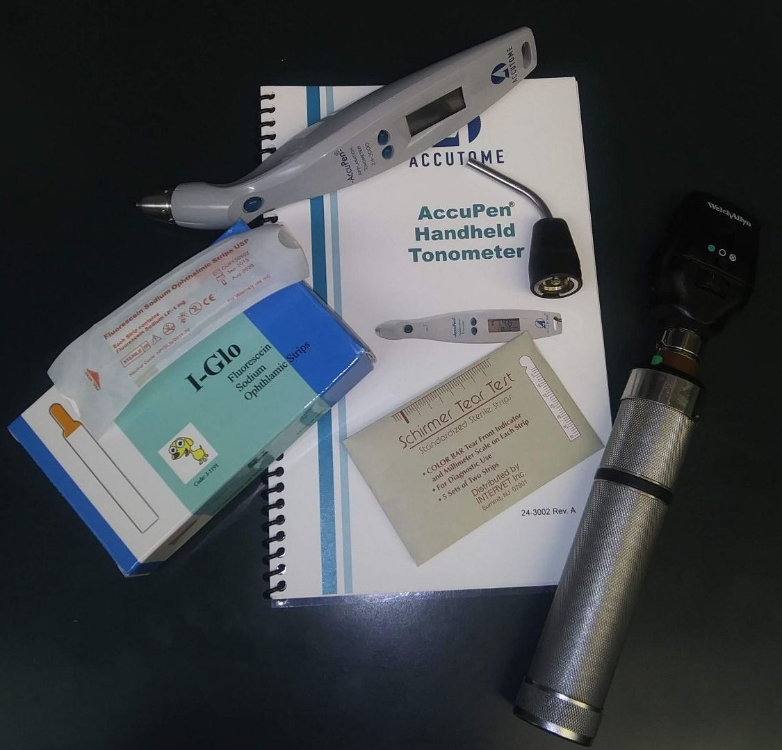Veterinary Tonometer, Ophthalmoscope, Fluorescein Stain, Schirmer Tear test Veterinary Tonometer, Ophthalmoscope, Fluorescein Stain, Schirmer Tear test